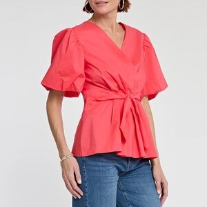 Paulina Elbow Sleeve Cotton Top Coral Tie Front Blouse